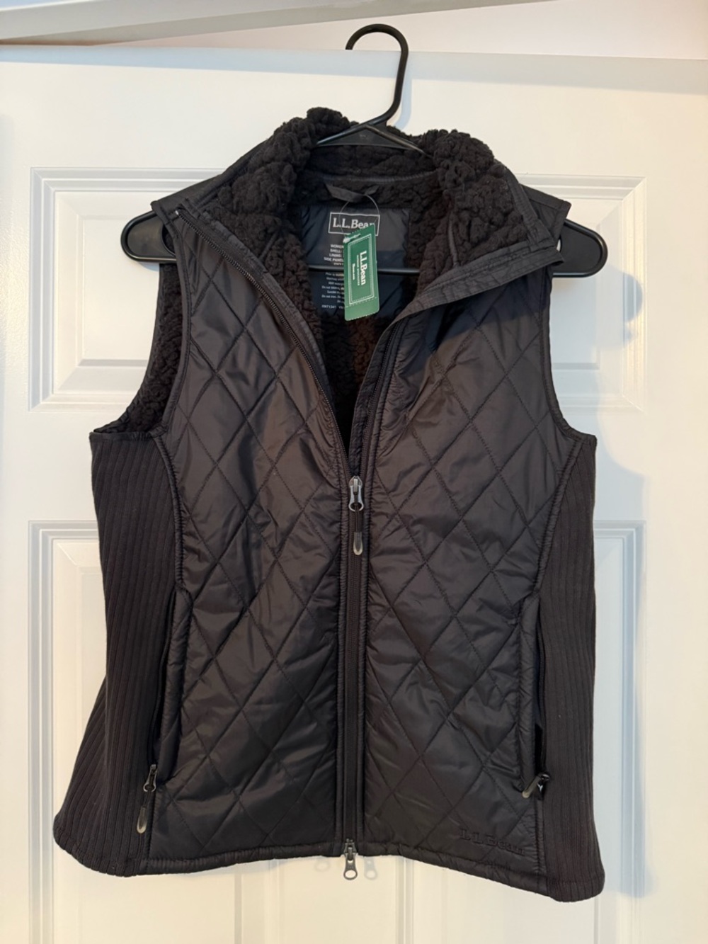 L.L. Bean Black Quilted Women's Vest with Sherpa Collar
